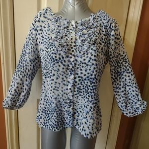 East 5th Blue and White Blouse w/ Ruffle